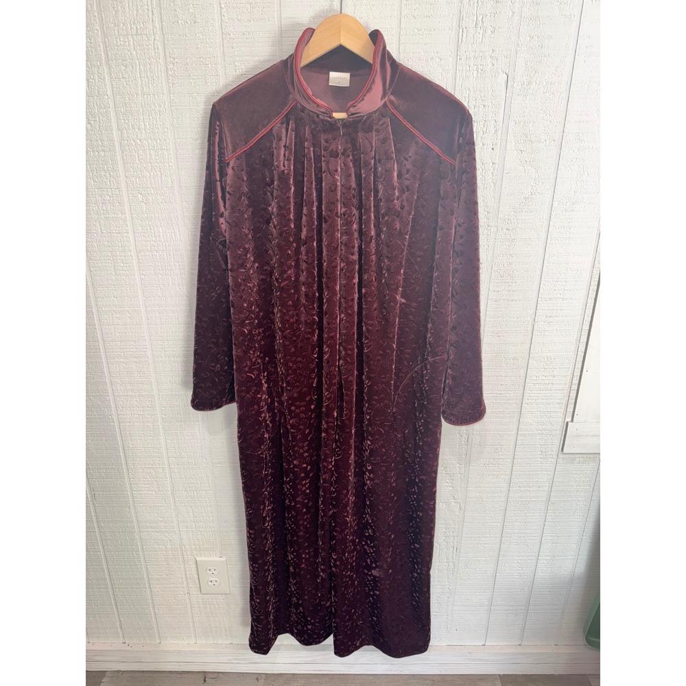 Cabernet Robe Women Medium Burgundy Crushed Velvet Floral Burnout Zip Front Maxi